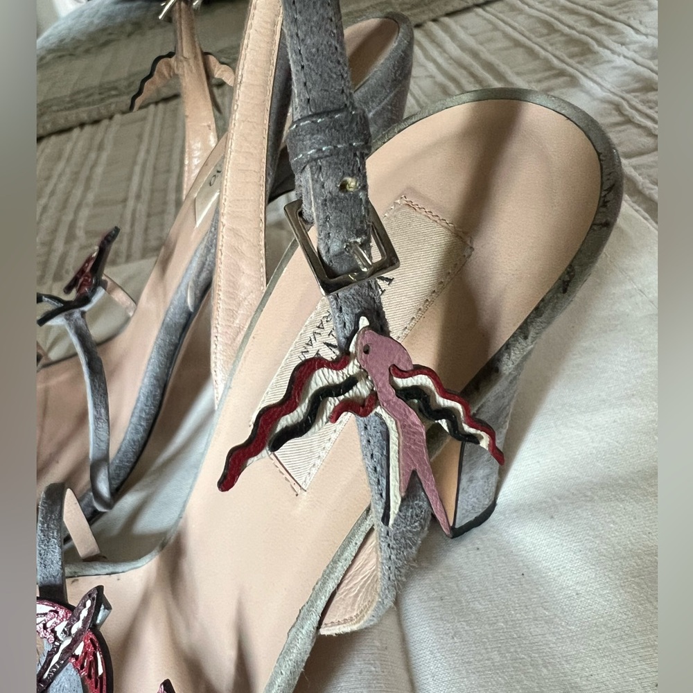 AUTHENTIC Valentino Gray Leather & Suede ‘Bird’ Heels size 37.5 or 7/7.5 US - Picture 4 of 8